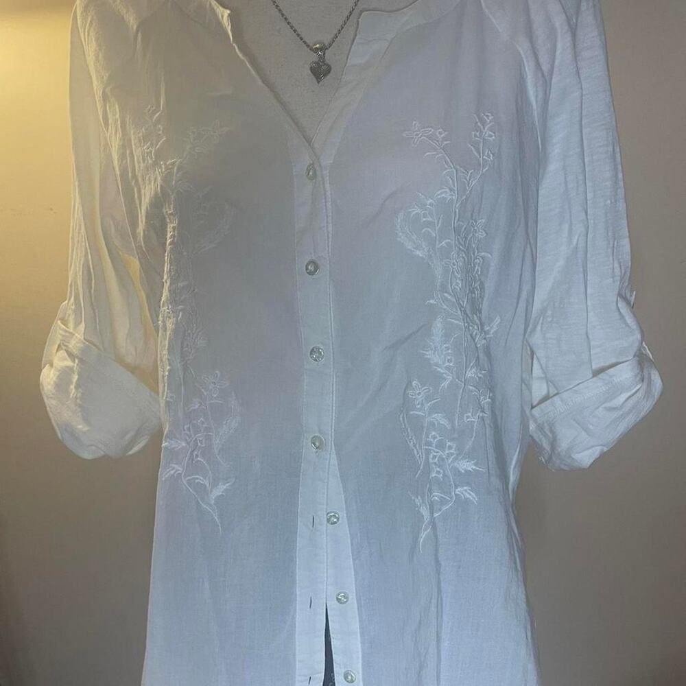 White embroidered button up shirt